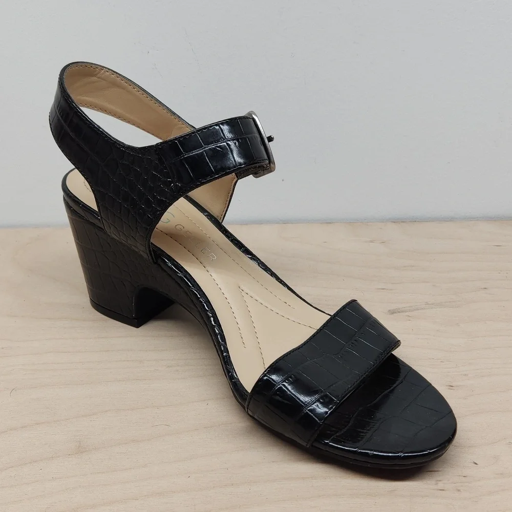 Andrew Geller Burbank Black Crocodile Sandals Platforms Buckle Women's Sz 8 1/2M